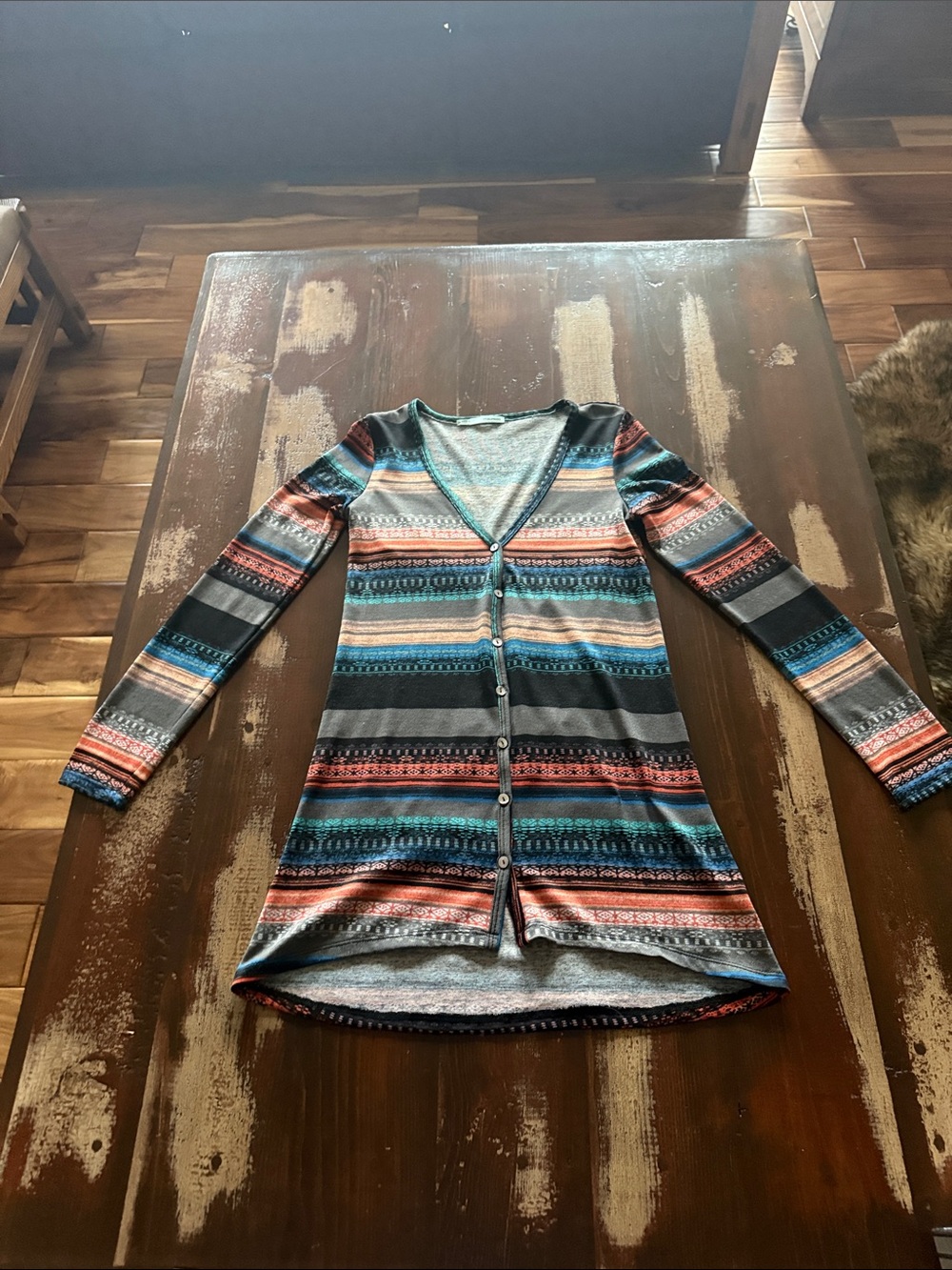 Maurices Striped Multi-Color Button-Front Cardigan — Teal, Coral, Gray & Black